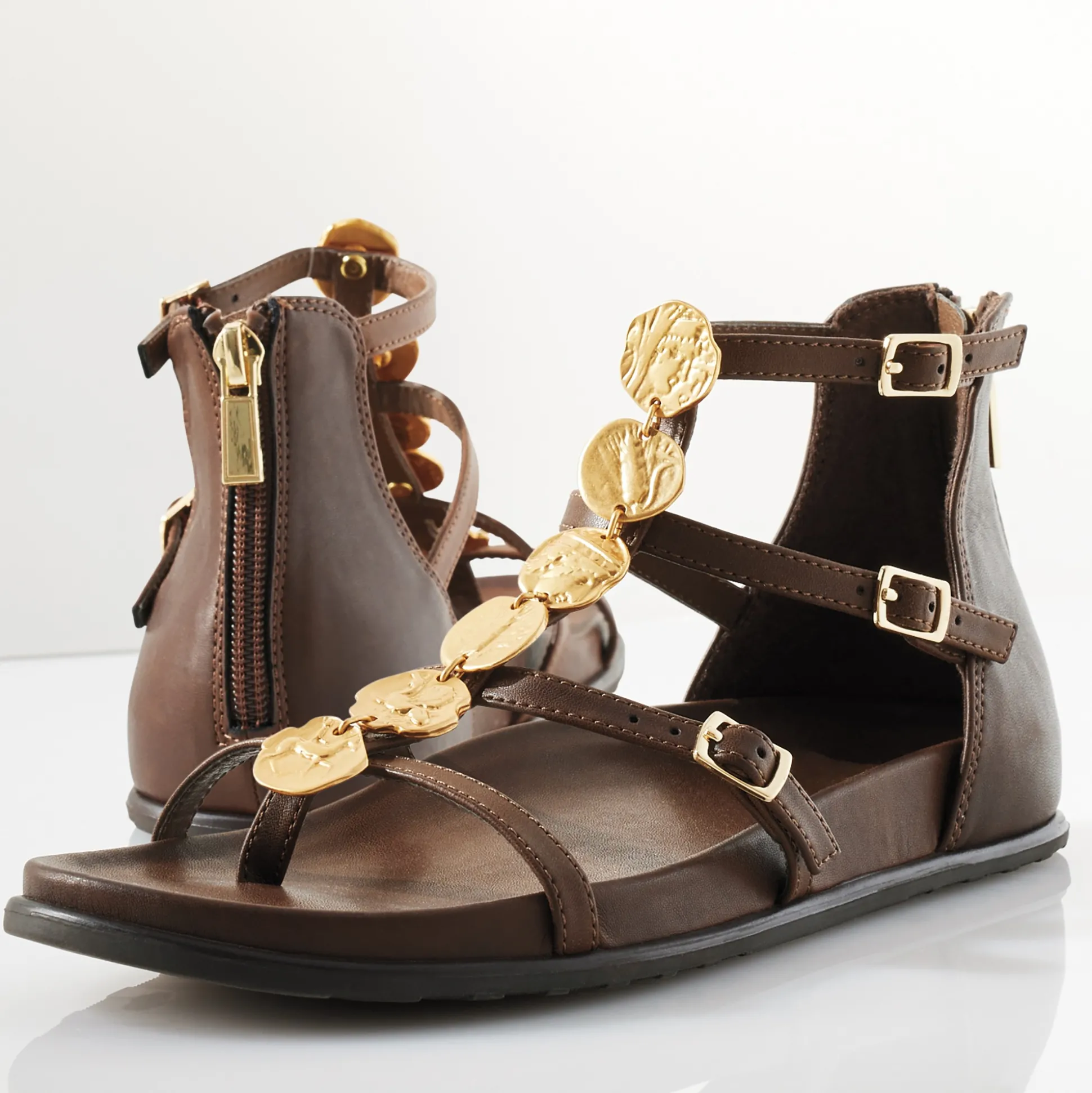RM Hadley Gladiator Sandal with Goldtone Medallions by Rebecca Minkoff