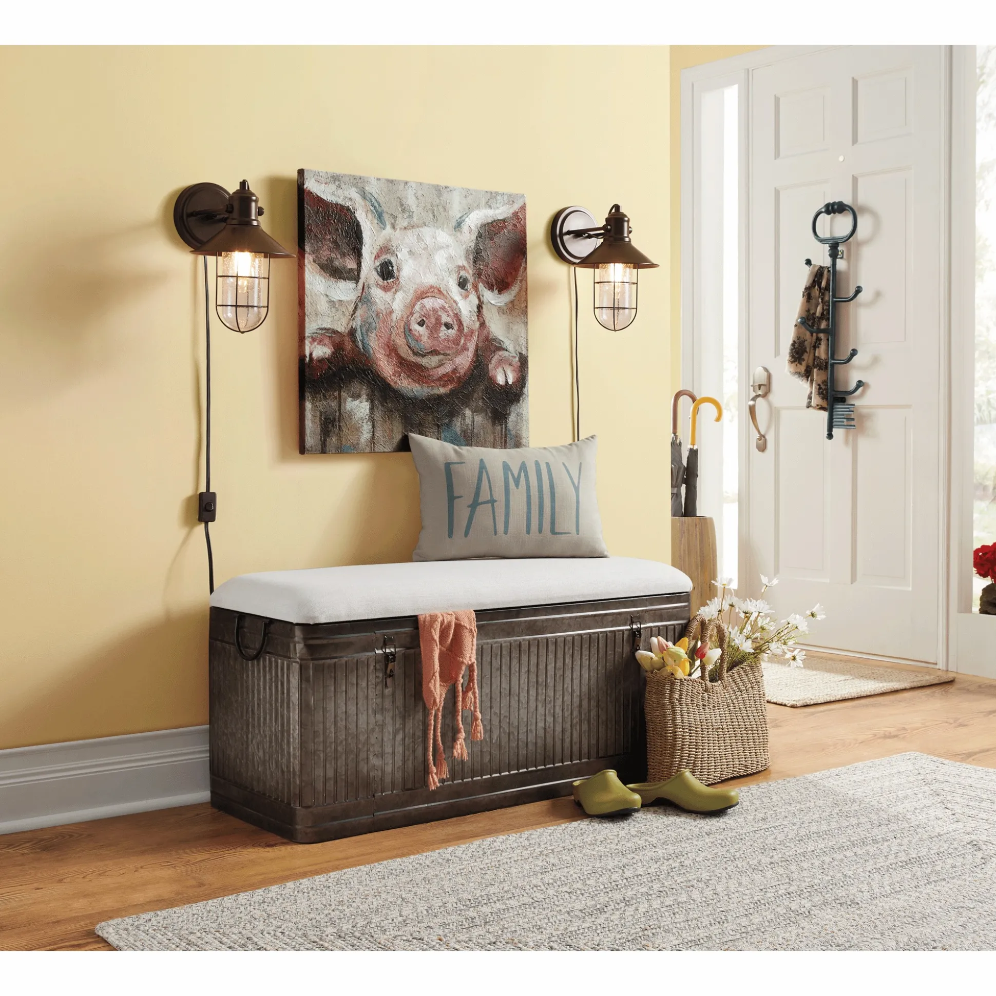 Rustic Galvanized Storage Bench with Upholstered Seat