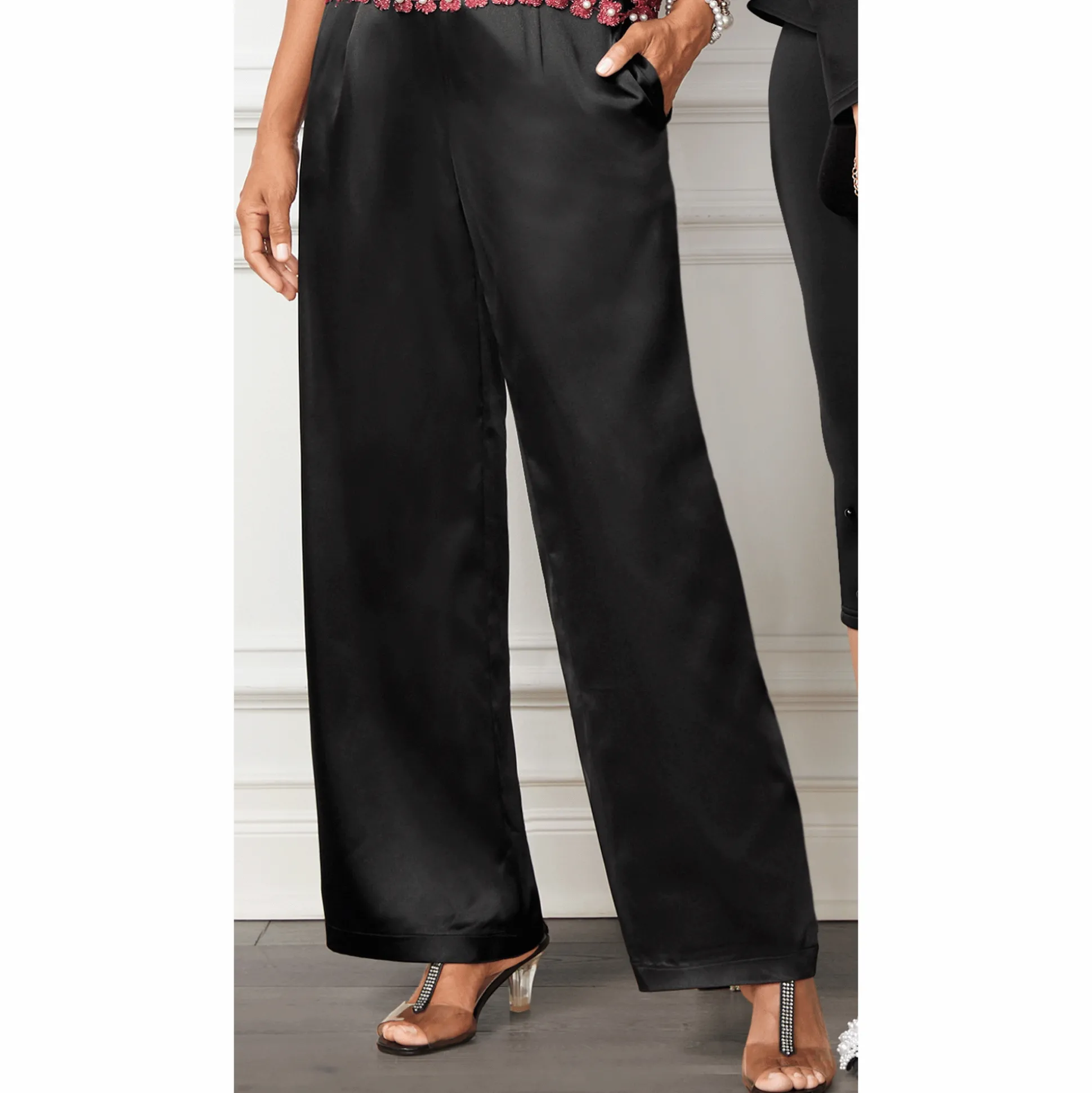 Satin Wide-Leg Women's Flowy Pants with Stretch