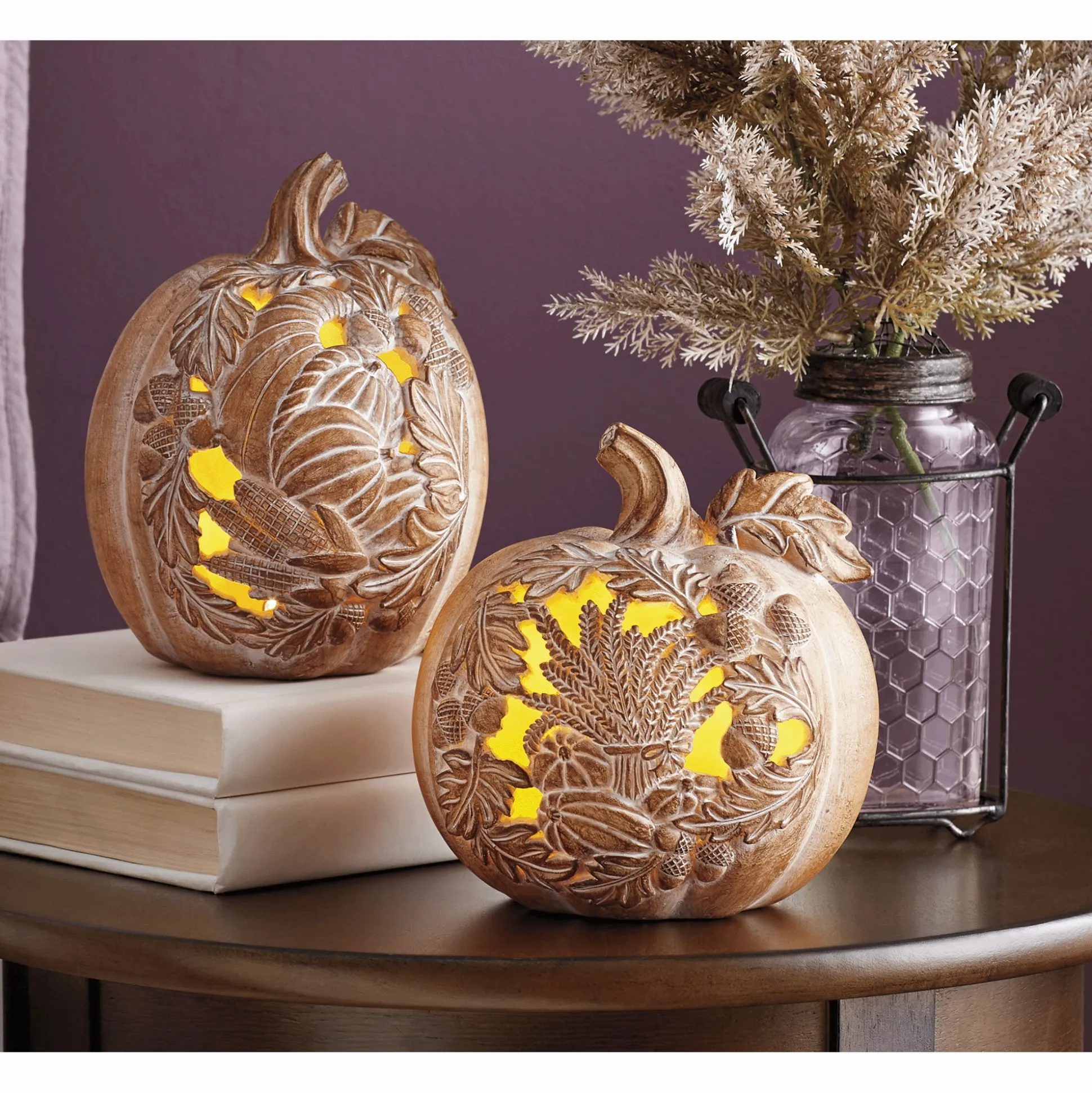 Set of 2 Carved-Look Pumpkins