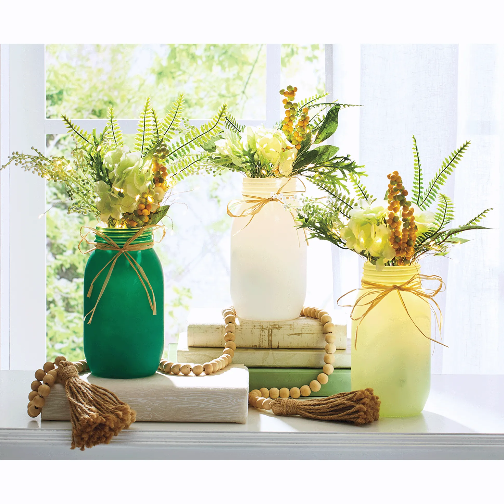 Set of 3 Green Jars with Floral