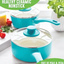 Set of 2 Greenlife Soft-Grip Ceramic Saucepans