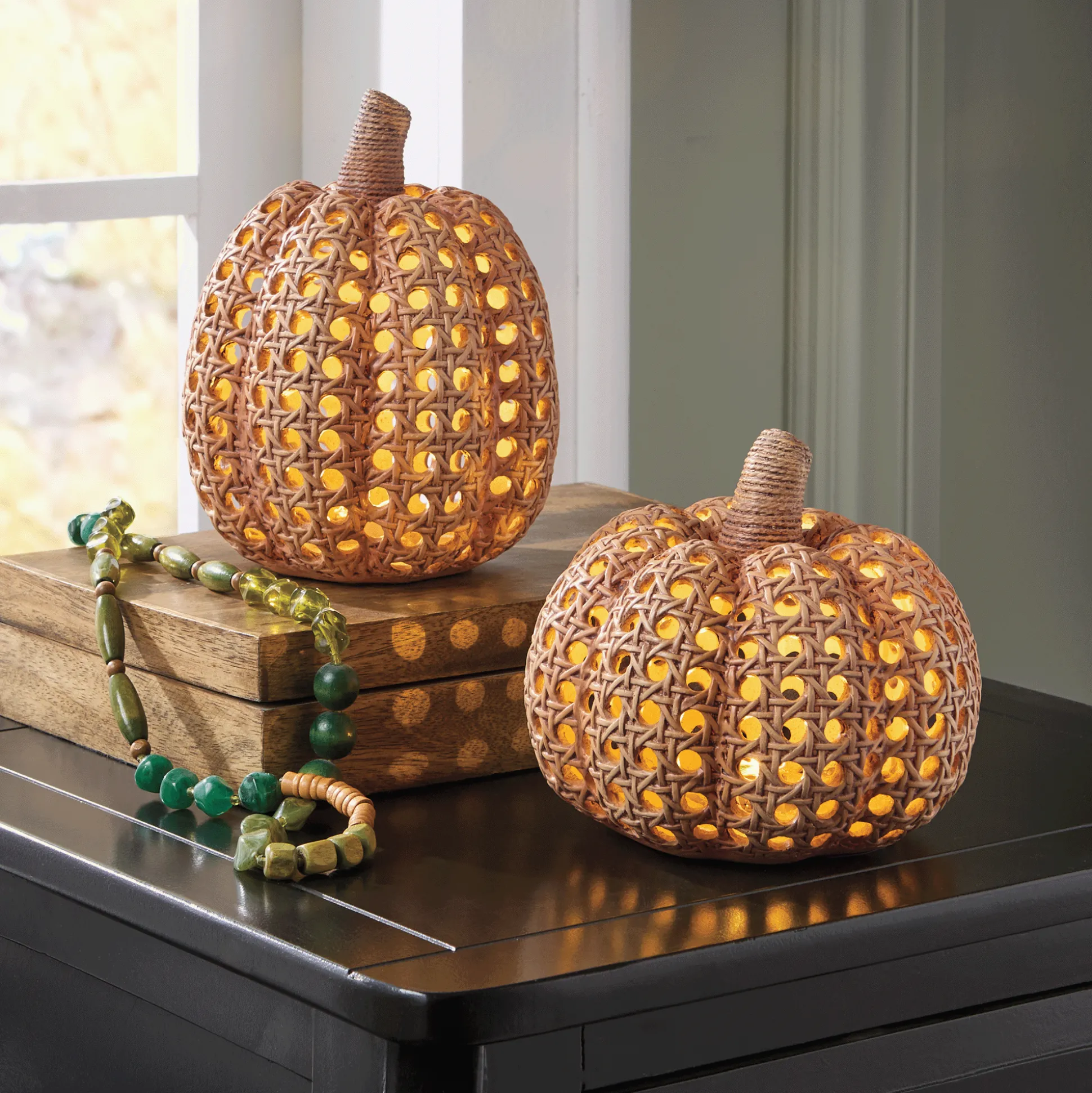 Set of 2 LED Lit Cane-Style Resin Pumpkins with Timer