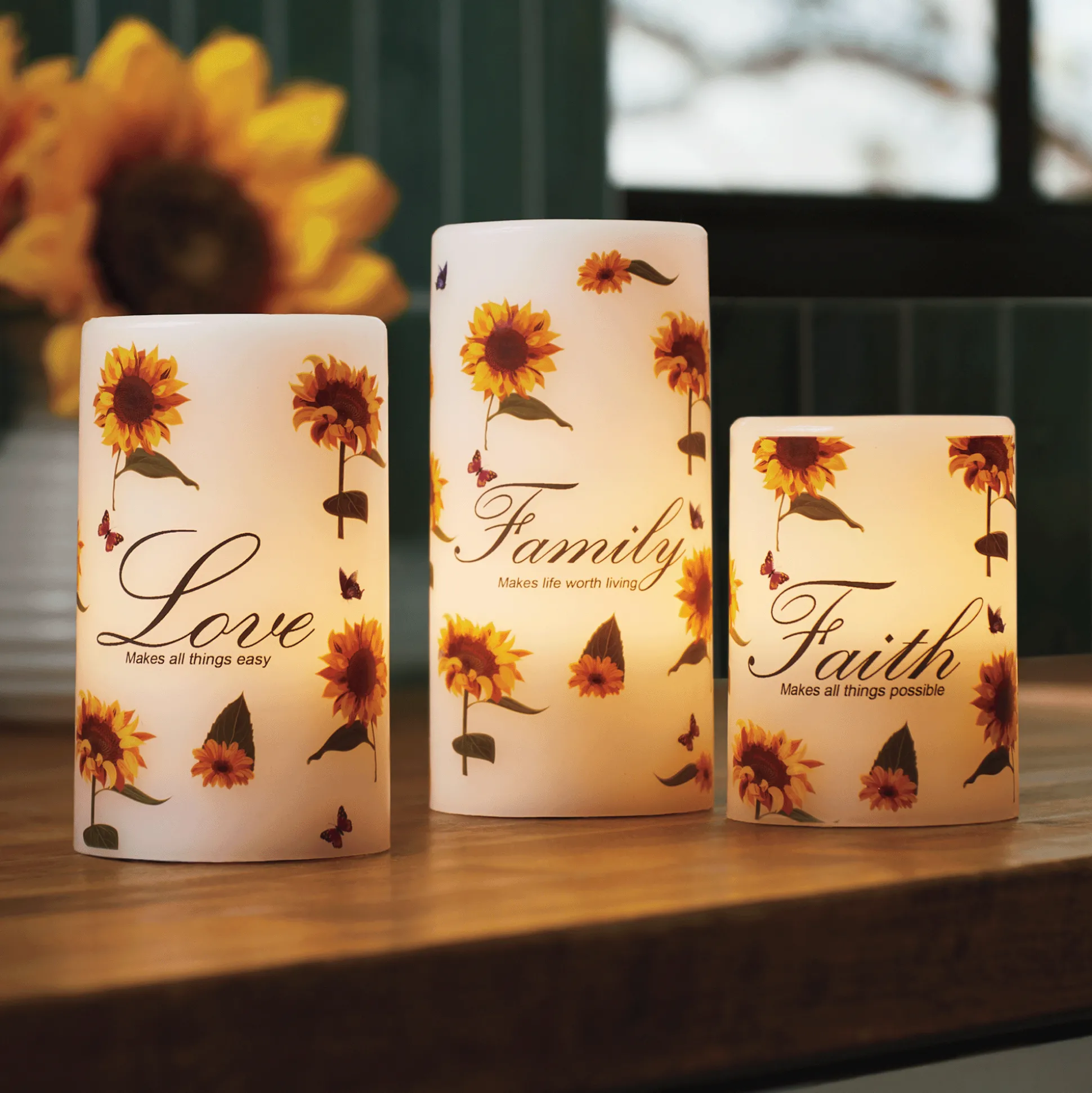 Set of 3 LED Sunflower Sentiment Candles