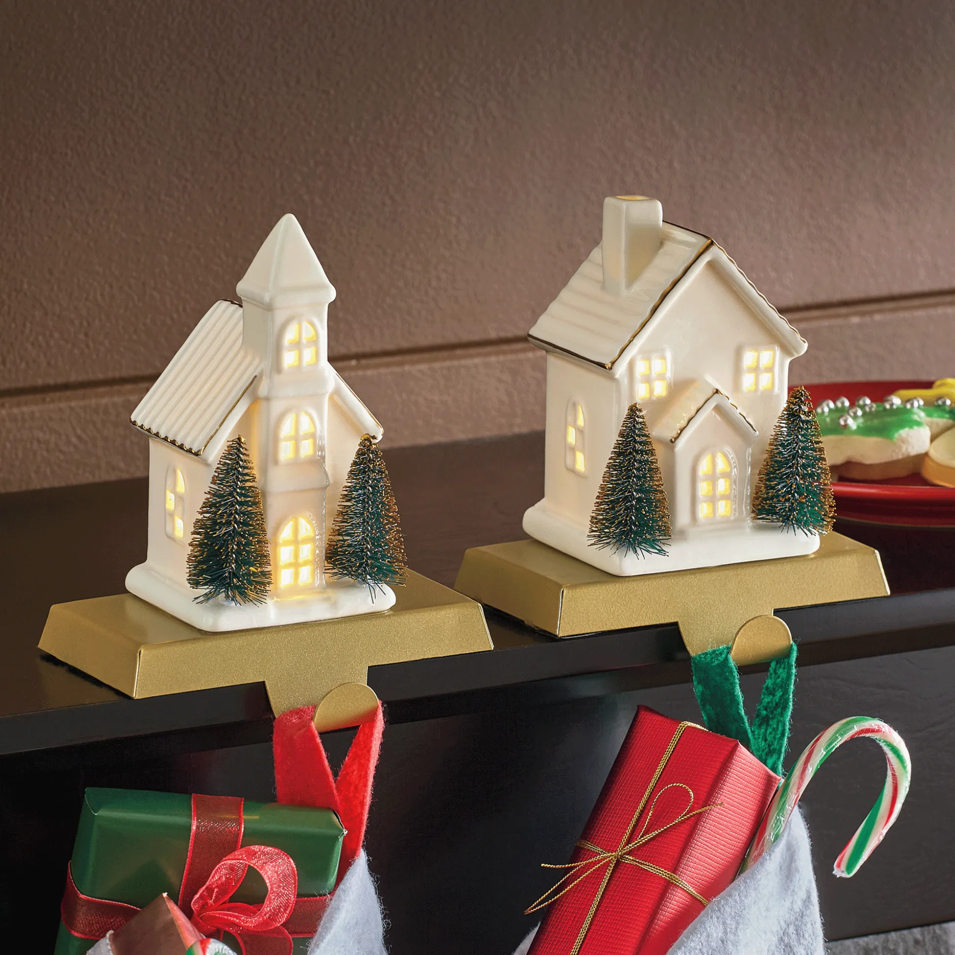 Set of 2 Lit Christmas Village Stocking Holders