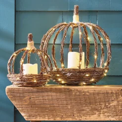 Set of 2 Lit Woven Pumpkins