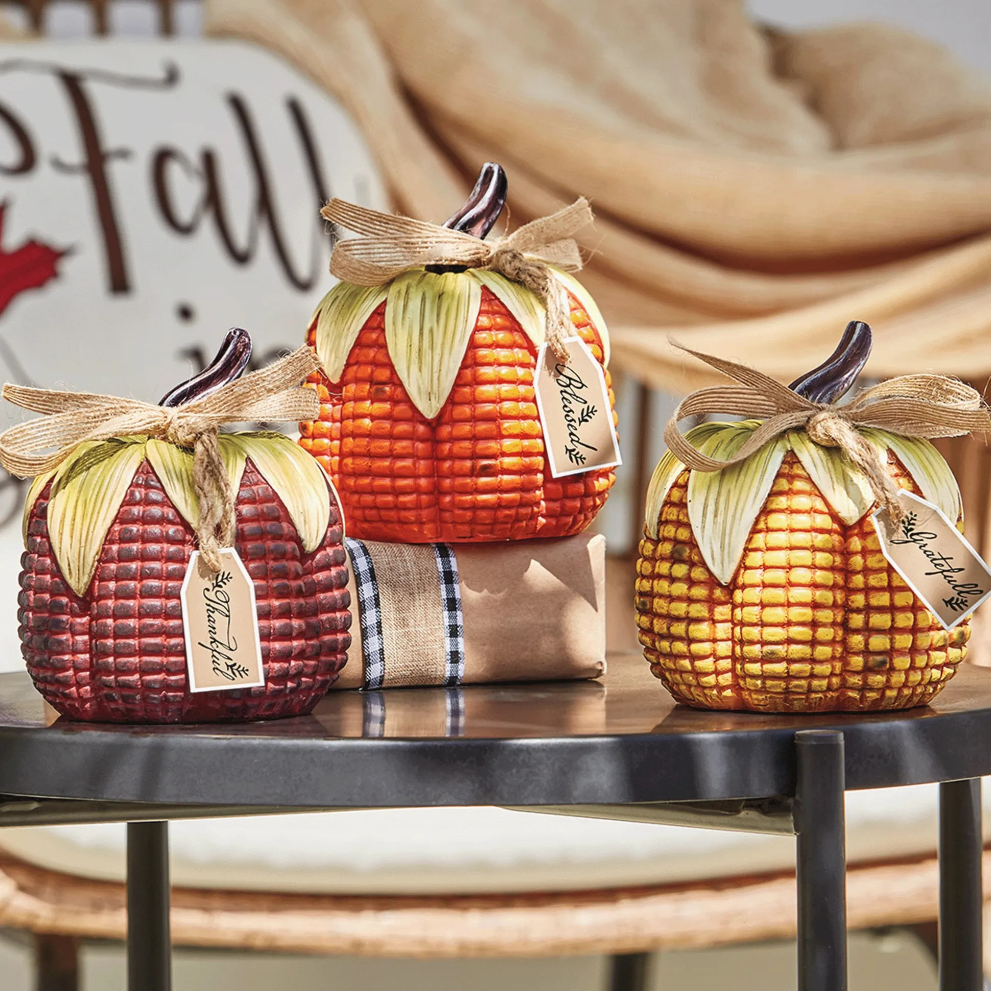 Set of 3 Resin Indian Corn Pumpkins