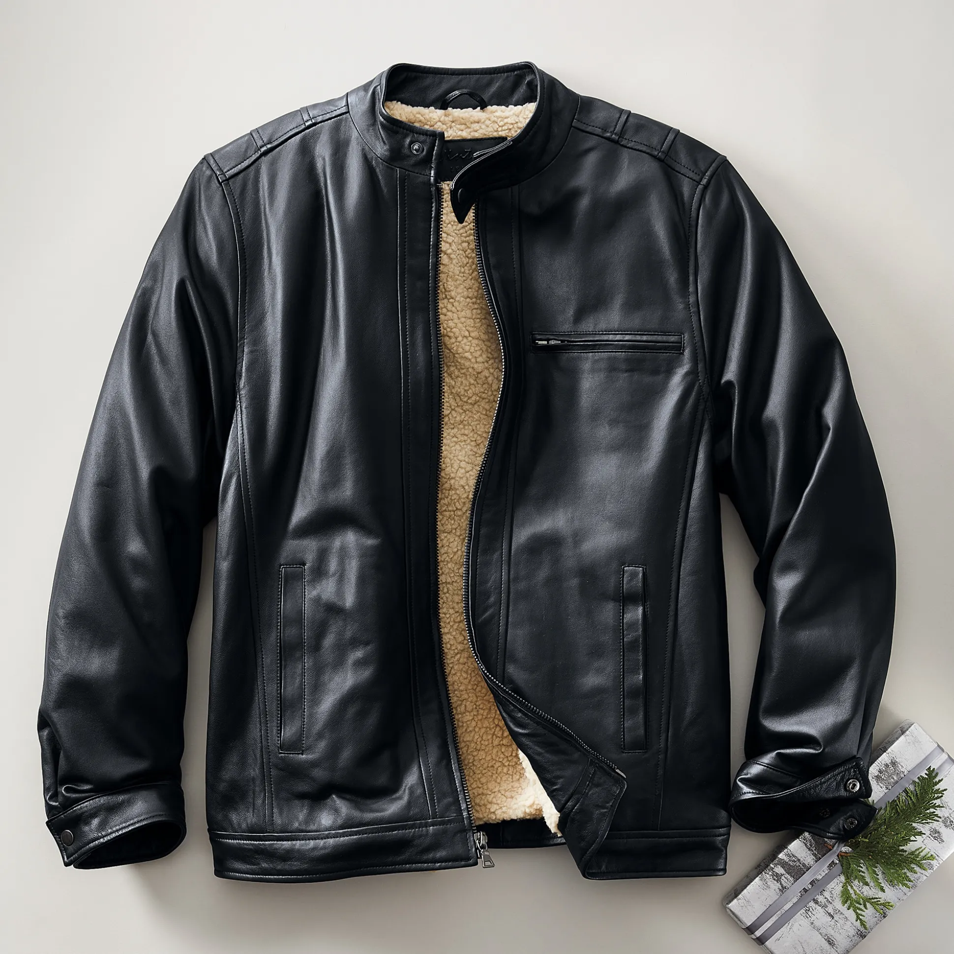 Sherpa-Lined Leather Coat