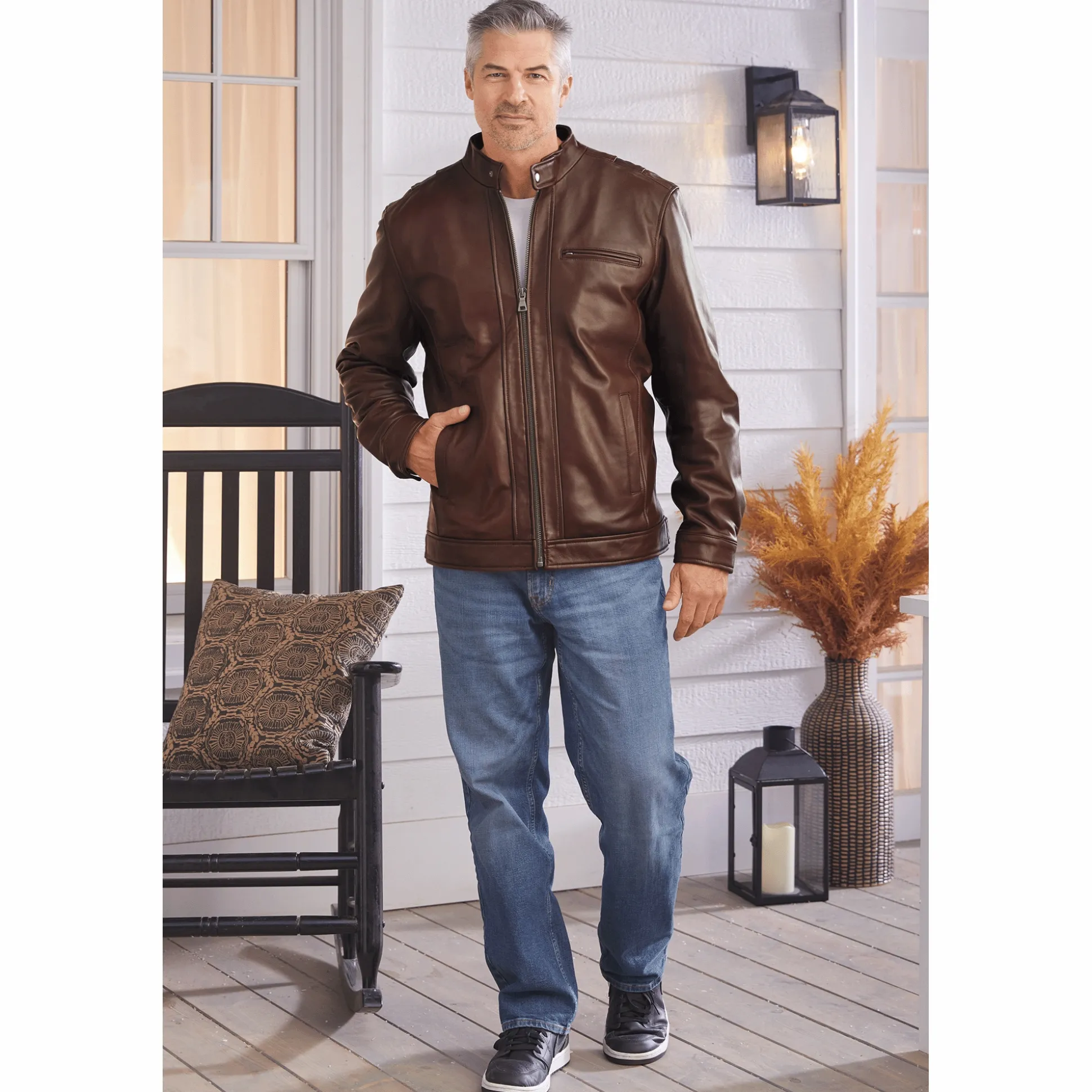Sherpa-Lined Leather Coat
