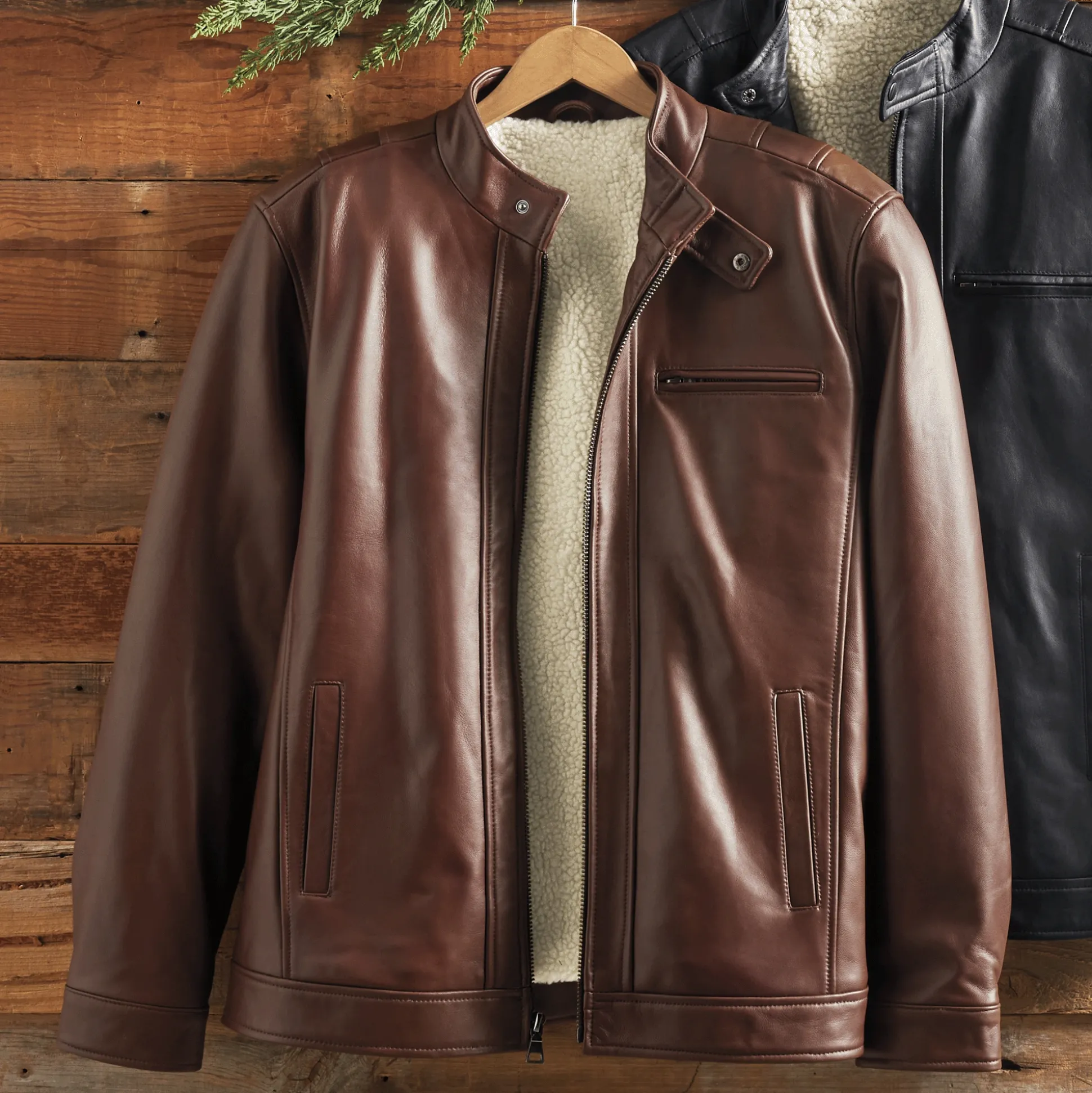 Sherpa-Lined Leather Coat