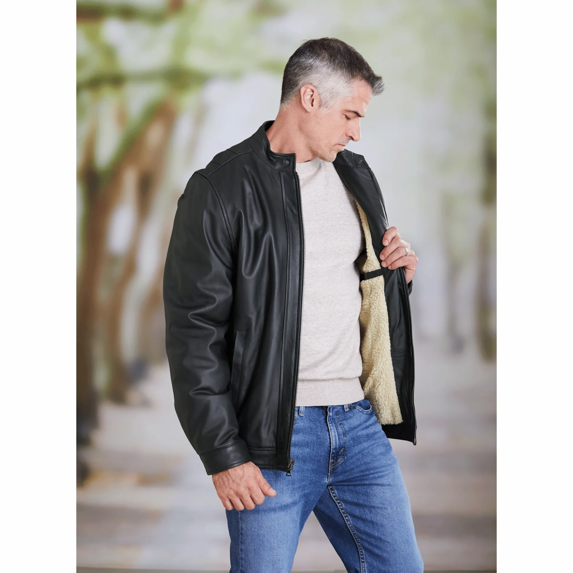 Sherpa-Lined Leather Coat