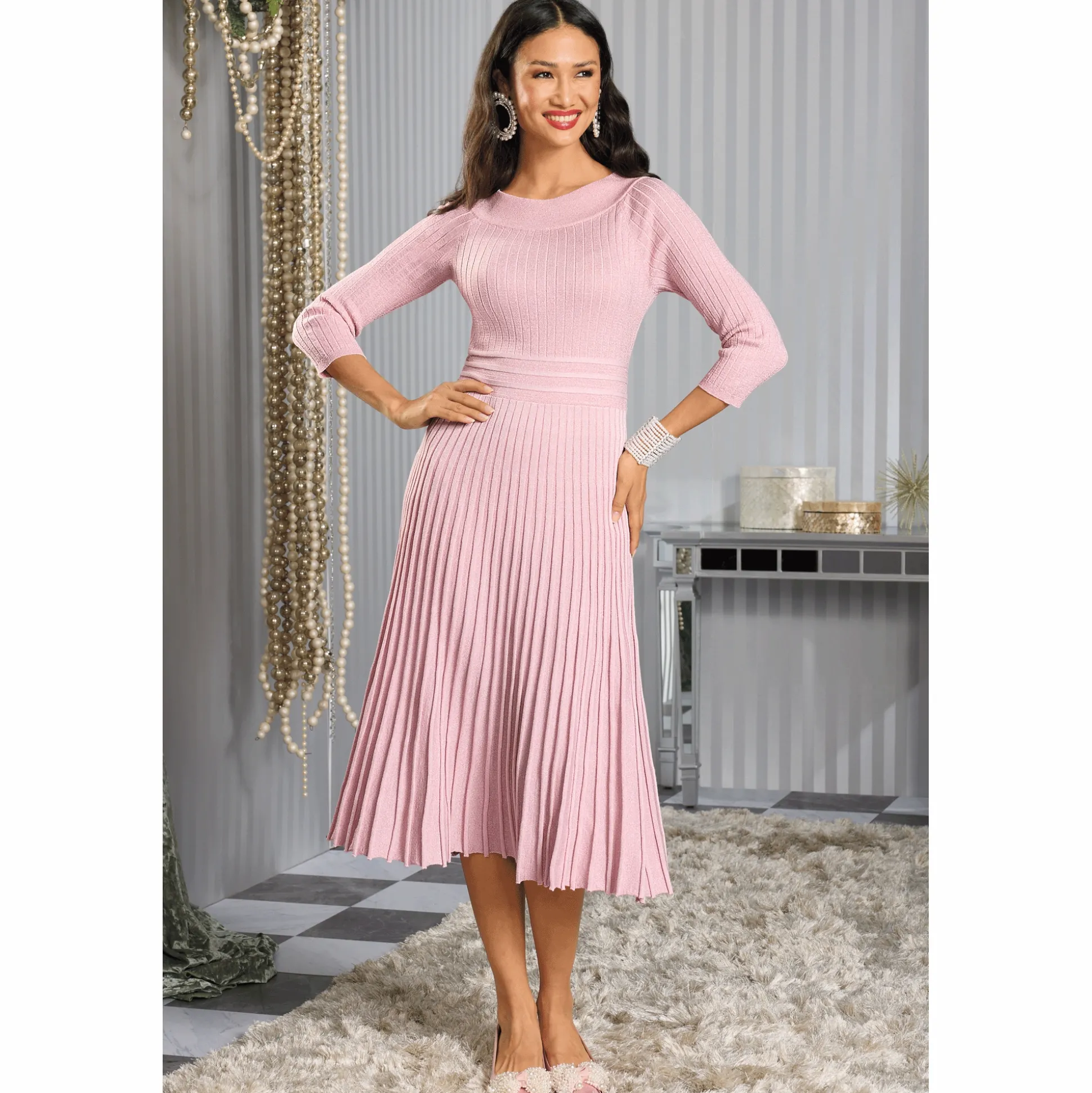 Shimmer Rib Women's Sweater Dress with Pleated Flared Skirt
