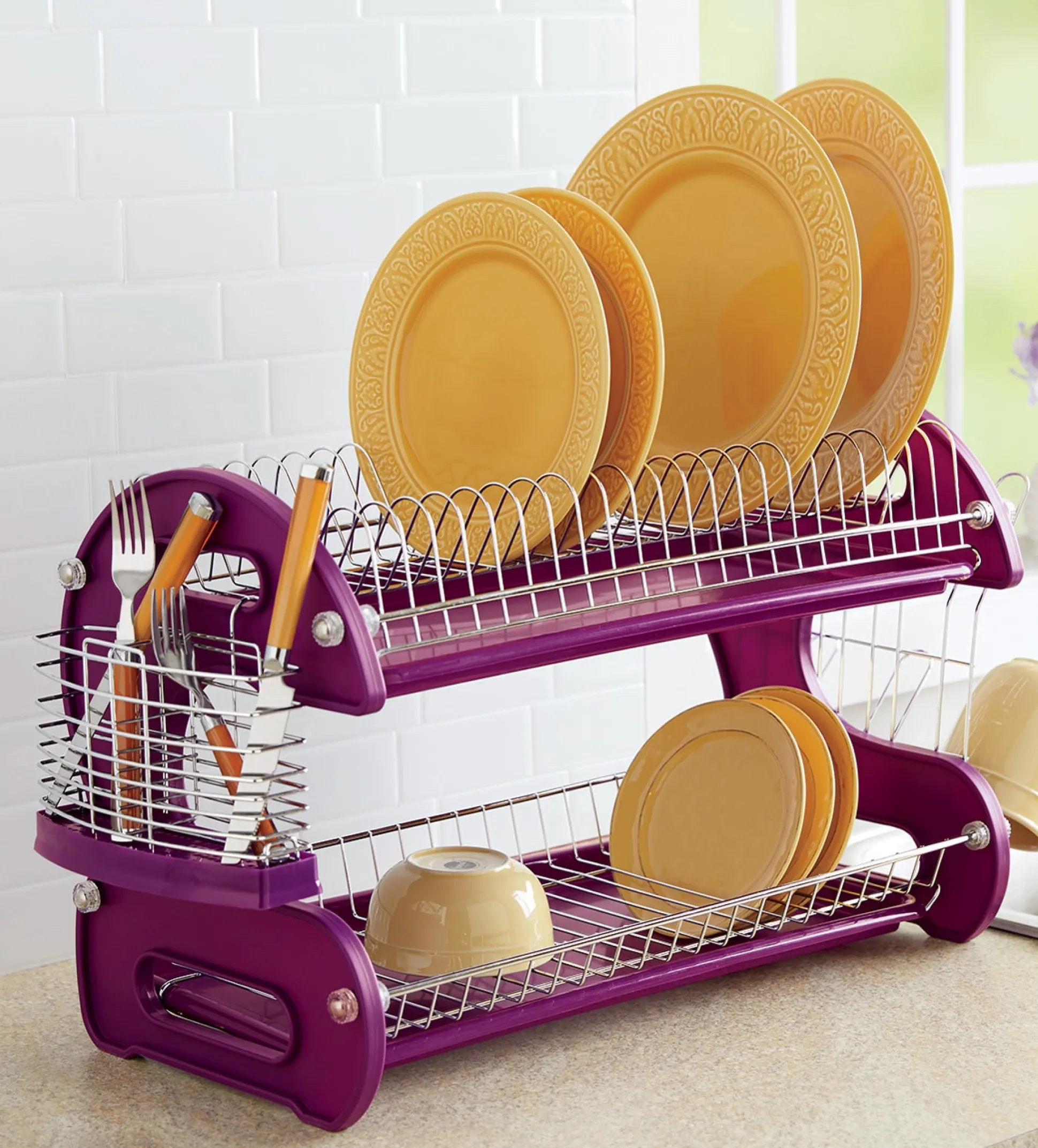 Space-Saving 2-Tier Dish Drying Rack with Utensil Holder