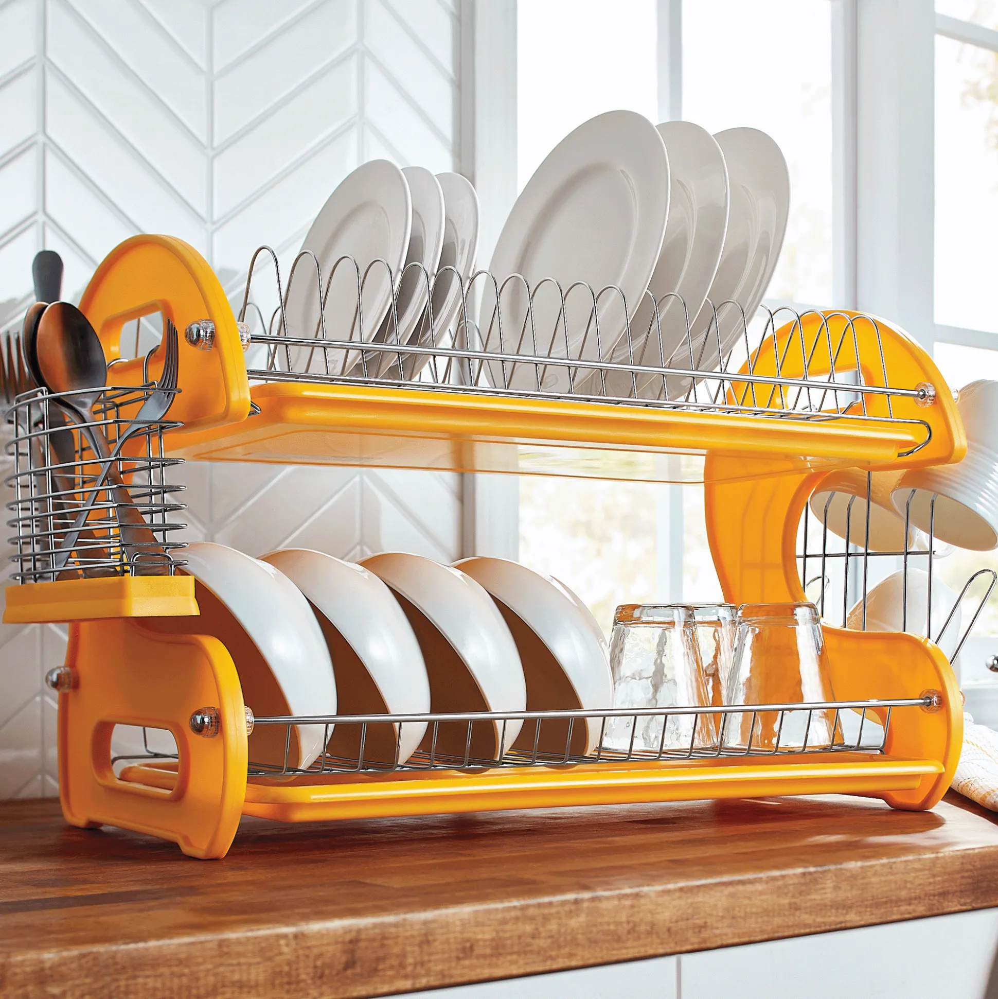 Space-Saving 2-Tier Dish Drying Rack with Utensil Holder