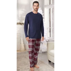 Value 2-Piece Men's PJ Set with Crew Top and Plaid Bottoms