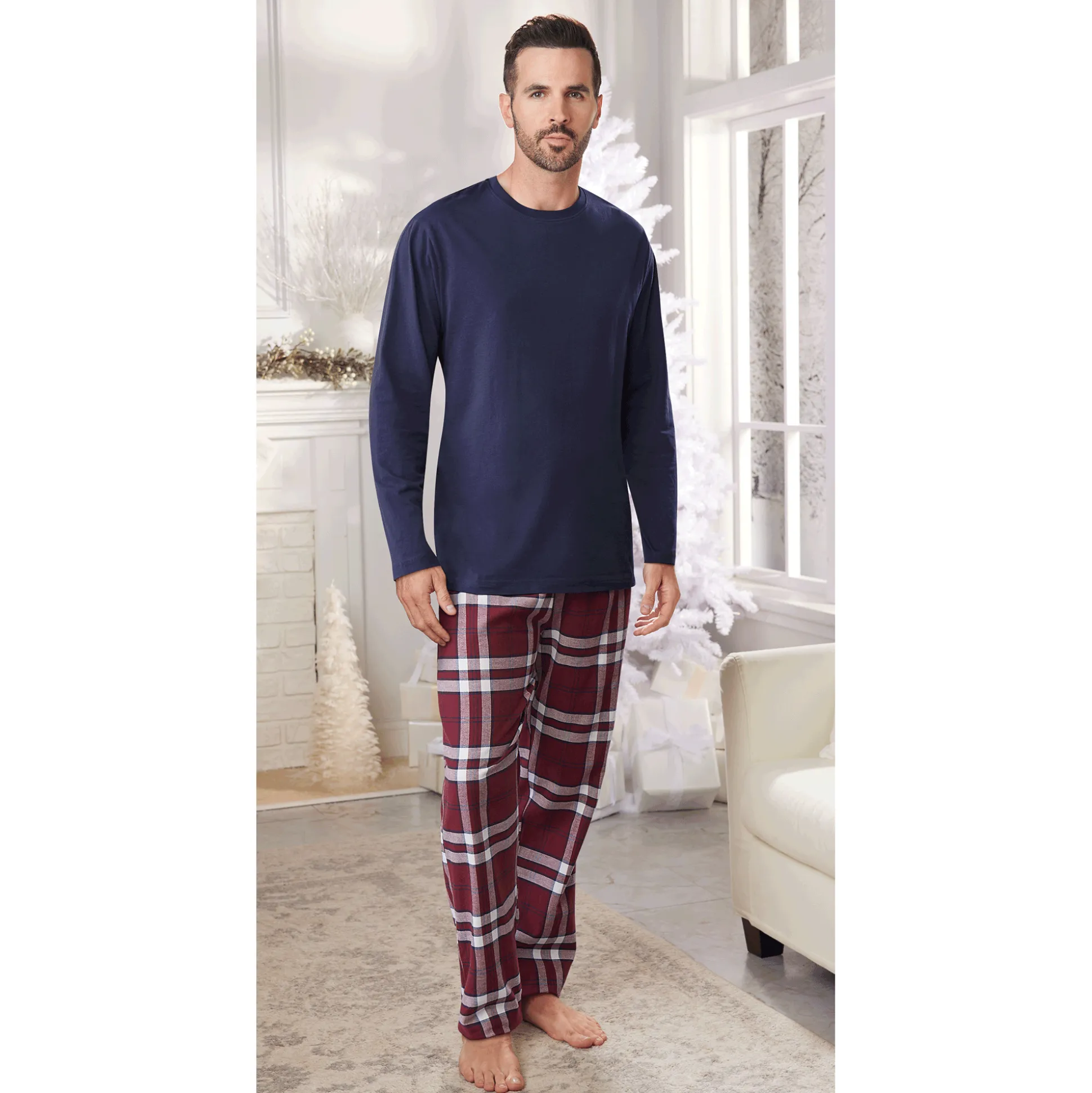 Value 2-Piece Men's PJ Set with Crew Top and Plaid Bottoms