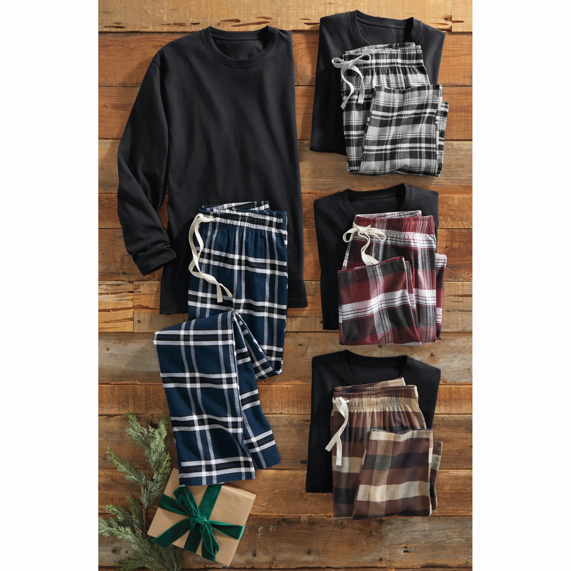 Value 2-Piece Men's PJ Set with Crew Top and Plaid Bottoms