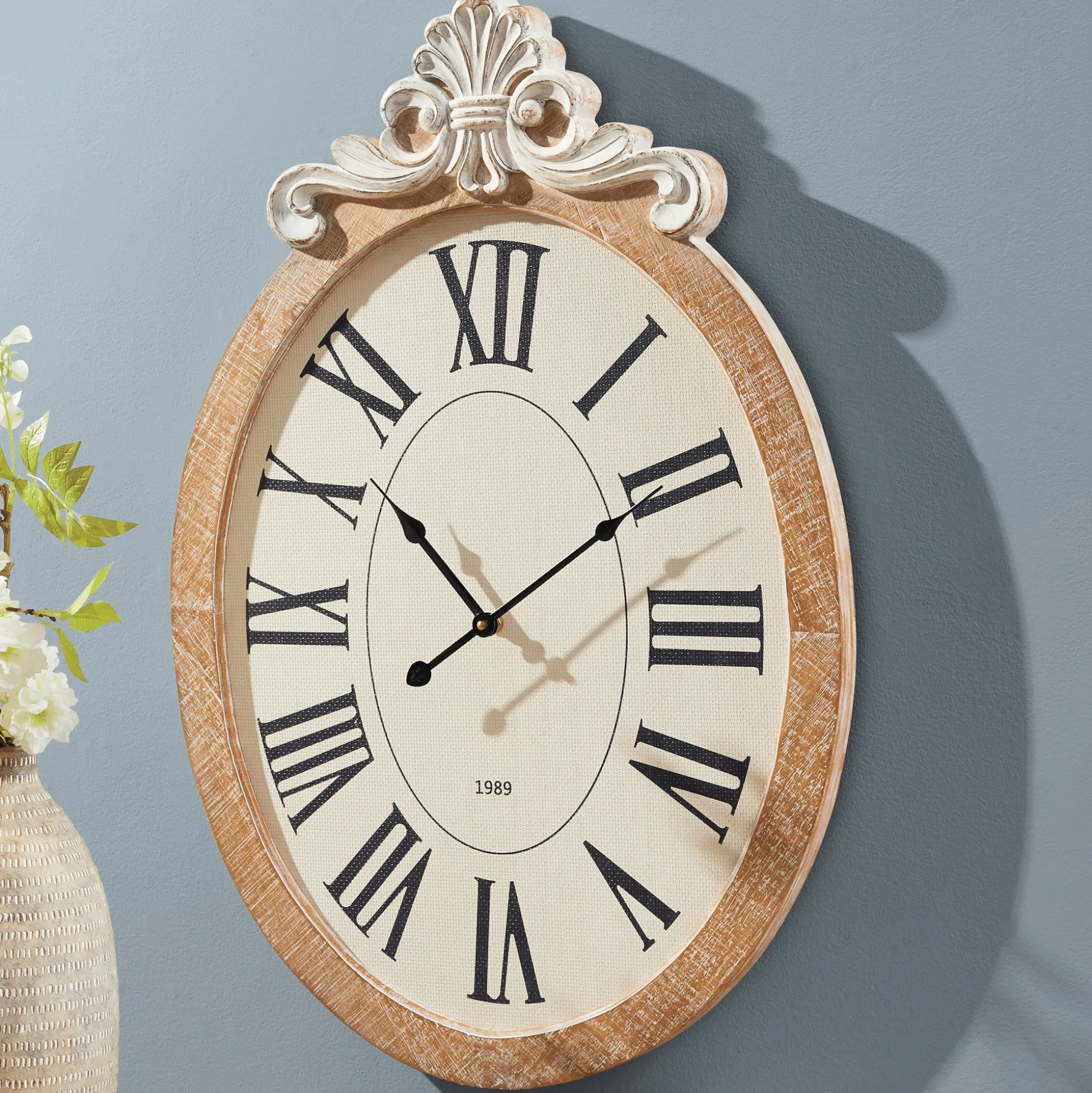 Whitewashed Oval Wall Clock