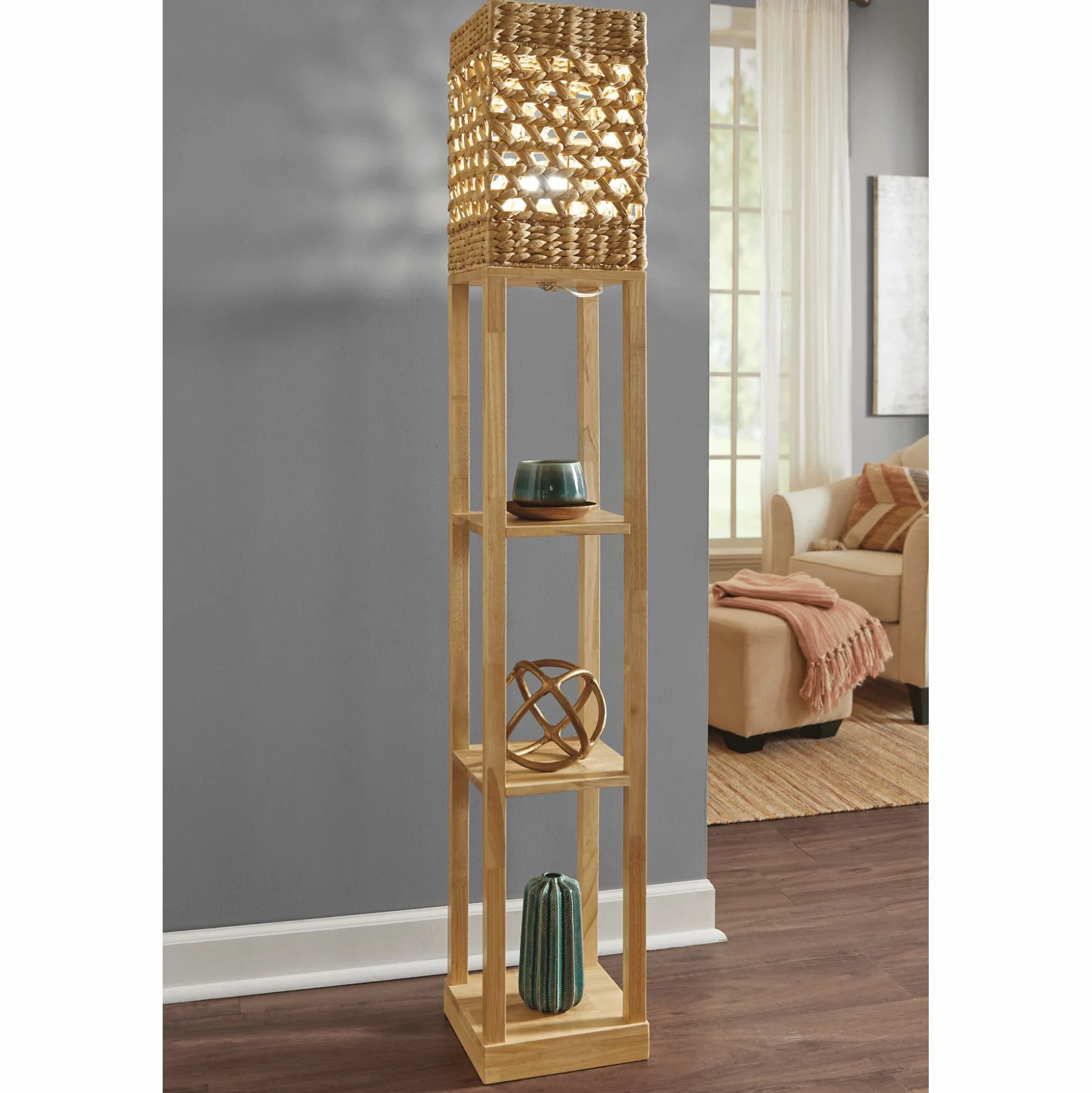 Woven Floor Lamp with Shelves